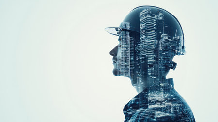 A conceptual image featuring an engineer in a safety helmet, showcasing a double exposure of a city skyline. This representation symbolizes innovation and modern technology in construction.の素材