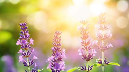 A beautiful display of lavender flowers glowing in soft sunlight, creating a serene and vibrant atmosphere perfect for nature lovers and floral arrangements.の素材