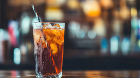 A refreshing iced beverage in a clear glass filled with ice and a straw, perfect for summer enjoyment. Captured in a cozy bar setting with a bokeh background.の素材