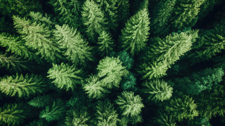 Explore the beauty of a lush green forest from above, showcasing vibrant trees and diverse foliage in a serene and tranquil outdoor environment.の素材