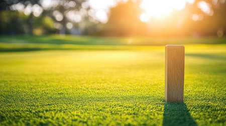 A wooden golf tee stands prominently on vibrant green grass, illuminated by warm sunset light, creating a peaceful and inviting atmosphere for golf enthusiasts.の素材