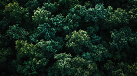 Aerial view of a dense and vibrant forest canopy showcasing lush green foliage. This serene landscape embodies nature's beauty and biodiversity.の素材