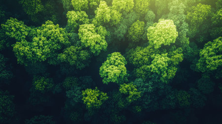 A stunning aerial view of a lush green forest canopy, showcasing the vibrant foliage and sunlight filtering through the trees, evoking a sense of tranquility and natural beauty.の素材