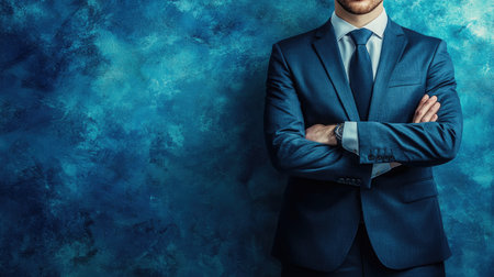 A confident man dressed in a tailored suit stands against a striking blue background, exuding professionalism and elegance. Perfect for business themes.の素材