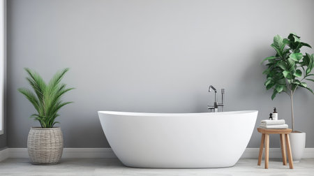 A serene modern bathroom featuring a freestanding bathtub, stylish wooden stool, and lush green plants for a tranquil and inviting atmosphere.の素材