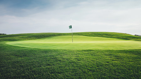 Lush green golf course featuring a flag on the horizon under a bright sky. A perfect blend of nature and sport captured in a serene landscape.の素材