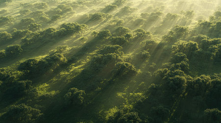 A captivating aerial view of a lush forest bathed in sunlight, showcasing soft shadows cast by trees. The image conveys a sense of peace and tranquility in nature.の素材