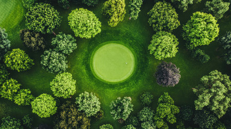 Aerial view of a pristine golf course surrounded by lush trees and vibrantly green grass, creating a peaceful and serene outdoor atmosphere perfect for relaxation and recreation.の素材