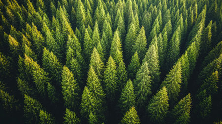 A breathtaking aerial view of a lush green forest, showcasing the dense canopy of pine trees. This vibrant landscape captures the essence of natureの素材