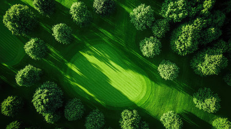 Stunning aerial view of a vibrant green golf course surrounded by lush trees, showcasing a perfect blend of nature and recreation under bright sunlight.の素材