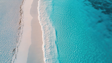 A stunning aerial view of serene ocean waves gently lapping against a pristine sandy beach. Crystal-clear turquoise waters merge with the coastline in a tranquil scene.の素材