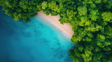 Experience the breathtaking beauty of a serene coastal landscape, featuring a sandy beach surrounded by lush green forest and vibrant blue waters. Perfect for nature lovers.の素材