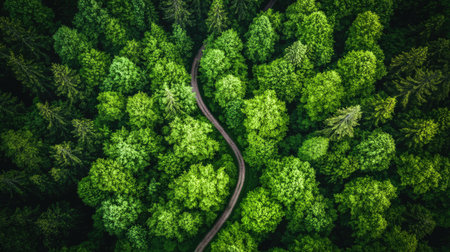 Discover the beauty of nature with this serene aerial view of a lush green forest pathway. The vibrant trees and gentle curves invite exploration and calmness.の素材