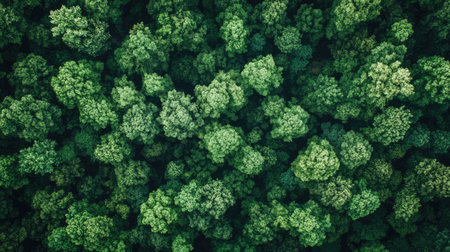Aerial view of a dense canopy showcasing vibrant green trees, highlighting the beauty and tranquility of untouched nature in a serene environment.の素材