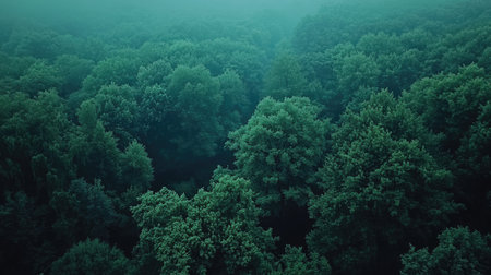 A breathtaking aerial view of a lush green forest canopy enveloped in mist. The serene landscape showcases the tranquility of nature, emphasizing vibrant foliage and diverse ecosystems.の素材