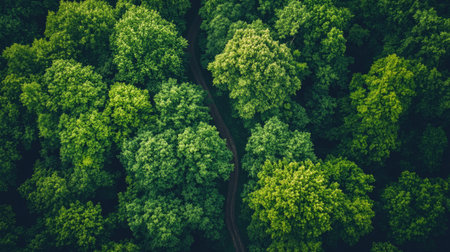 A stunning aerial view showcasing a lush green forest canopy with vibrant foliage, highlighting the tranquility and beauty of nature's landscape.の素材