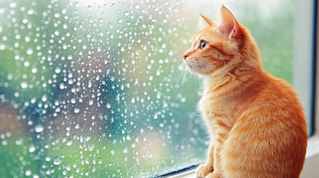 A serene orange cat sits by the window, gazing at the rain-soaked view outside. The cozy atmosphere captures a moment of calm and reflection.の素材