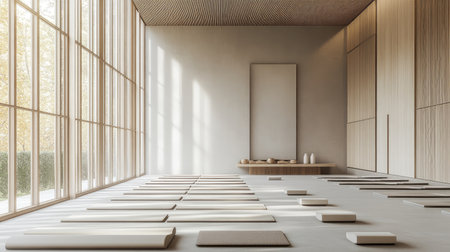 Bright and tranquil yoga studio featuring natural light and minimalist design. The spacious interior invites relaxation and mindfulness practice, creating a serene atmosphere.の素材