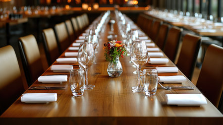 Stunning view of an elegantly set long table in a restaurant, featuring glassware, cutlery, and a beautiful flower arrangement, perfect for gatherings.の素材
