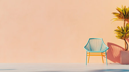 A colorful chair stands against a soft pink wall, complemented by a lush plant. This minimalist setup creates a vibrant and inviting atmosphere for relaxation.の素材