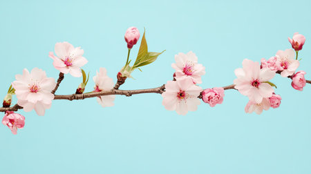 A stunning display of delicate cherry blossoms on a branch, showcasing soft pink petals against a vibrant blue background. Perfect for spring themes.の素材