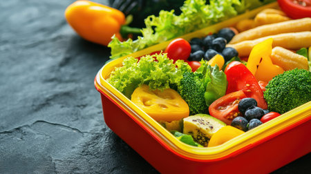 A vibrant salad featuring fresh vegetables in a takeaway container, highlighting health and nutrition. Perfect for meal prep and healthy eating.の素材