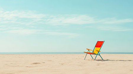 A vibrant, colorful beach chair rests on a tranquil sandy shoreline, under a bright blue sky. Perfect for conveying relaxation, summer vibes, and serene vacation moments.の素材