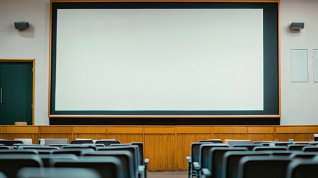 This image features an empty classroom setting with a blank projection screen and rows of chairs, ideal for education or training environments.の素材