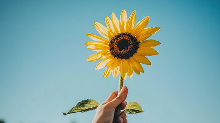 A vibrant yellow sunflower held against a clear blue sky, symbolizing brightness and positivity. Ideal for nature-themed projects and uplifting messages.の素材