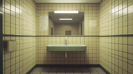 This image showcases a simple bathroom interior featuring a sink and mirror against tiled walls. The clean lines and neutral color palette create a minimalistic atmosphere.の素材