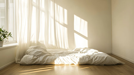 A serene minimalist bedroom bathed in natural light, featuring soft bedding and delicate curtains. Ideal for showcasing comfort and tranquility.の素材