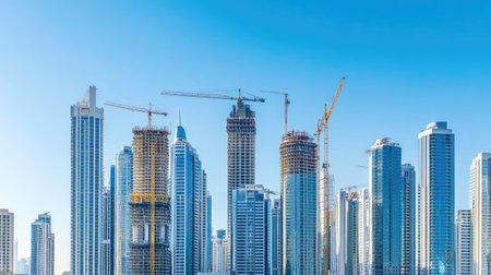 This stunning image captures an urban skyline featuring tall buildings under construction. Cranes tower against a clear blue sky, symbolizing progress and development.の素材