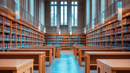 Spacious library interior featuring wooden shelves filled with books, large windows providing natural light, and tranquil study areas with minimalist design.の素材