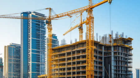 A bustling urban construction site featuring cranes and high-rise buildings under development. The image captures the essence of modern architecture and industry progress.の素材