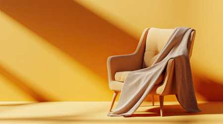 A stylish armchair draped with a soft blanket stands against a vibrant yellow wall, creating a warm and inviting atmosphere suitable for relaxation and comfort.の素材