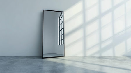 A sleek modern mirror reflects a minimalist interior, capturing soft shadows and light through a large window. Ideal for contemporary decor inspiration.の素材