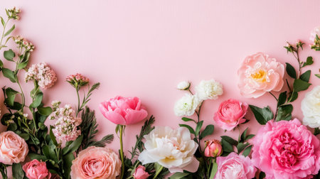 Delicate floral arrangement featuring pink and white flowers against a soft pink background, perfect for spring themes and decorative designs.の素材