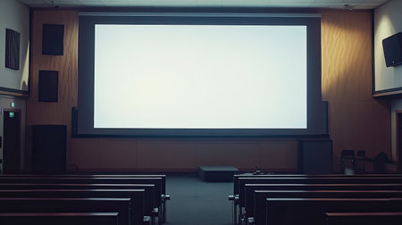 A spacious cinema hall featuring empty rows of seating and a large blank screen, ideal for film presentations and community events in a modern setting.の素材