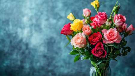A stunning arrangement of multicolored roses in a clear vase against a soft textured background, perfect for celebrations or home decor.の素材