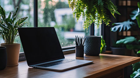 A serene modern workspace featuring a laptop on a wooden desk surrounded by vibrant green plants, natural light streaming through the window, creating an inviting and inspiring atmosphere.の素材