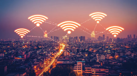 A vibrant urban skyline at night, showcasing digital connectivity with wireless signals overlaid to symbolize modern communication in a city environment.の素材