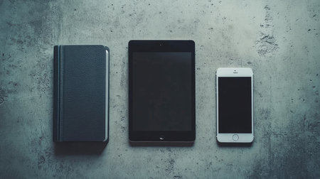 A minimalistic office workspace featuring a notebook, a tablet, and a smartphone arranged neatly on a textured surface for a modern, creative look.の素材