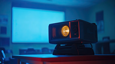A vintage projector sits on a desk in a dimly lit classroom, casting a warm light. The setting evokes a nostalgic atmosphere of learning and education.の素材