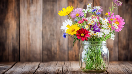 A vibrant bouquet of wildflowers in a glass jar on a rustic wooden table, capturing the essence of nature and freshness in a charming arrangement.の素材