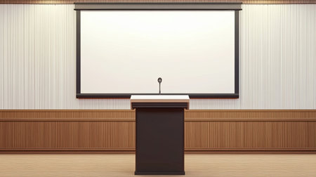 A minimalist conference room featuring a central podium and a blank projector screen. Ideal for presentations, meetings, and lectures in a professional setting.の素材