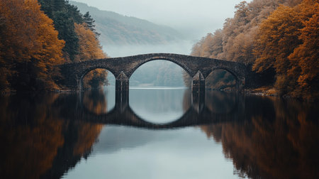A tranquil autumn scene featuring a stone bridge arching over calm water, surrounded by vibrant fall foliage and misty mountains, ideal for nature lovers.の素材