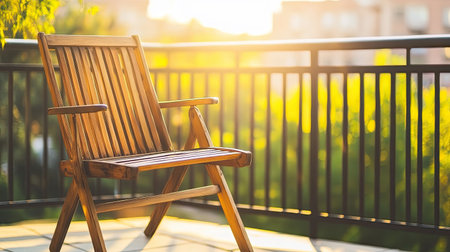 A beautifully crafted wooden chair basking in warm sunset light on a balcony. Perfect for relaxation, this scene evokes a sense of calm and leisure.の素材