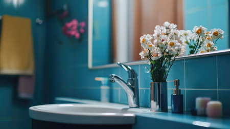 A bright and modern bathroom showcasing a floral arrangement beside a sleek sink, creating a fresh and inviting atmosphere for relaxation and hygiene.の素材