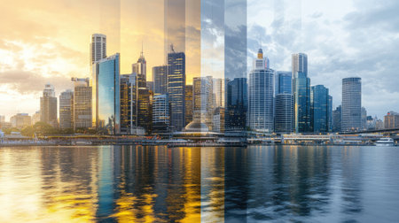 A captivating modern urban skyline showcasing stunning transitions between sunset and sunrise hues across the water, reflecting the dynamic city environment.の素材