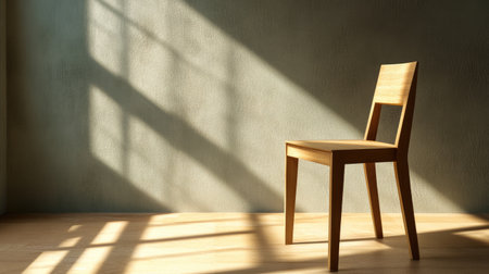 A simple wooden chair positioned in a minimalist room, illuminated by soft sunlight casting intricate shadows across the floor and wall, creating a serene ambiance.の素材